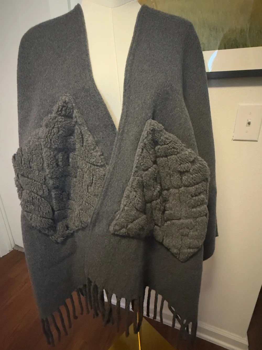 FENDI Roma 100% Wool Fringe Poncho Cape Oversized Pocket One Size